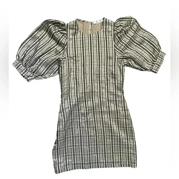 SAMSOE SAMSOE Gold Check Stripe 3/4 Puff Sleeve Celestine Back Button Dress - Picture 3 of 7